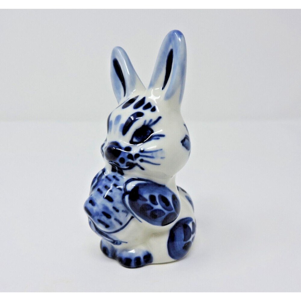 Rabbit Bunny Carrot Gzhel Porcelain Figurine Handmade Russia Cobalt White 4.5in - Picture 12 of 15